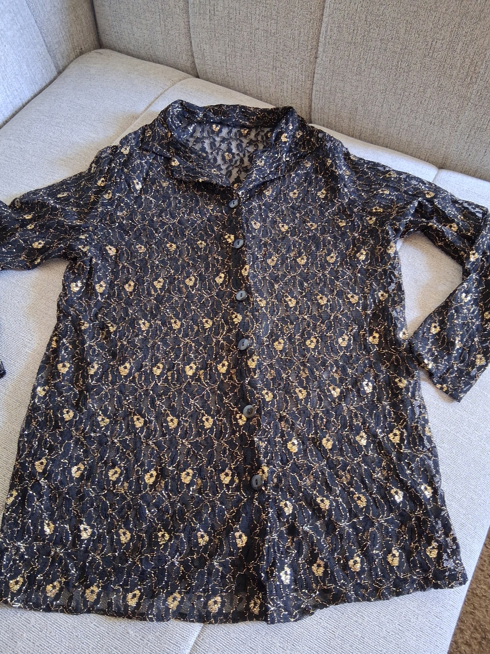 Black and Gold Lace Button-Front Women's Shirt Sheer Sz Small